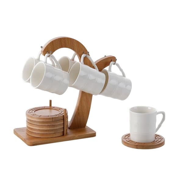 Dele kaffekopsæt Home ESPRIT Hvid Natur Bambus Porcelæn 90 ml