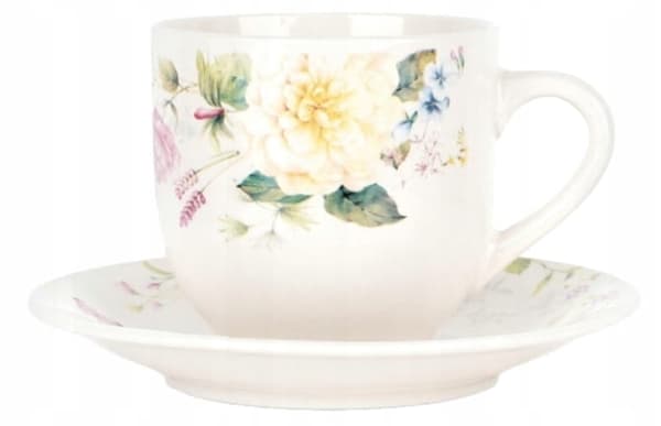 Porcelænskop med underkop, hvid, blomstermønster, 200 ml
