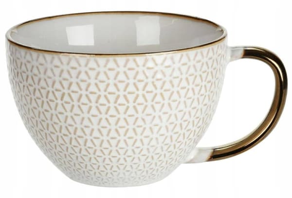 Elegant keramisk mugg 460ml Vit och guld med präglat mönster