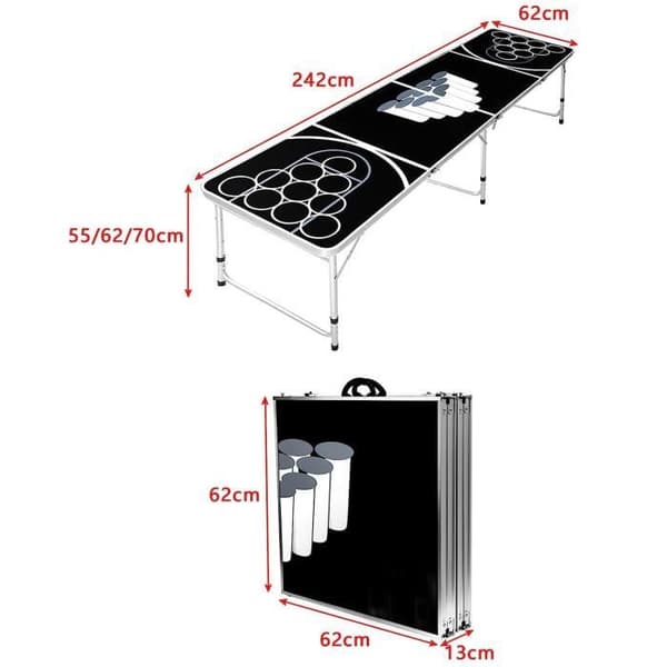LZQ Beer Pong bord Beer Pong bord Höjdjusterbart hopfällbara partyspel med 5 bollar och 100 röda och blå koppar
