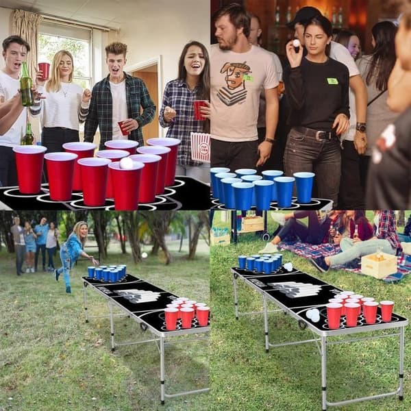 LZQ Beer Pong bord Beer Pong bord Höjdjusterbart hopfällbara partyspel med 5 bollar och 100 röda och blå koppar