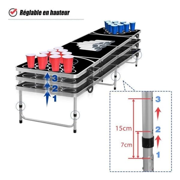 LZQ Beer Pong bord Beer Pong bord Höjdjusterbart hopfällbara partyspel med 5 bollar och 100 röda och blå koppar