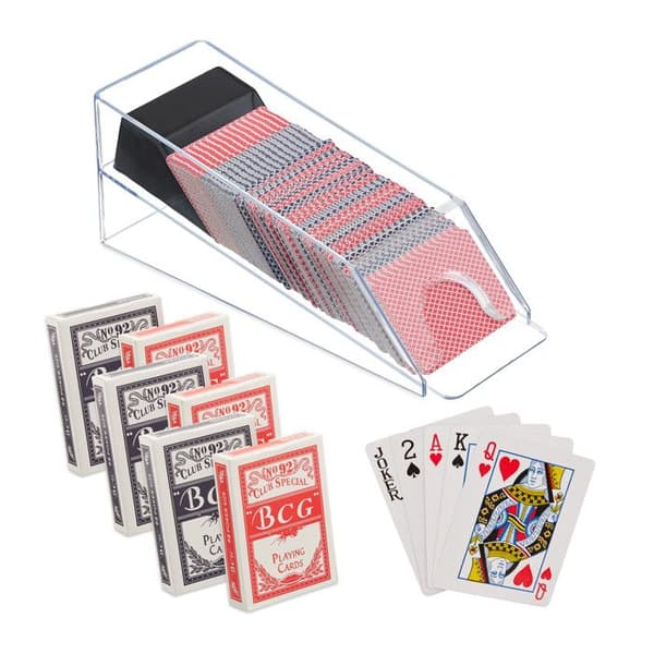 Relaxdays Kortdistributör, med 6 spel, blackjacktillbehör, plast, HxBxD: 10x10x29 cm, transparent - svart