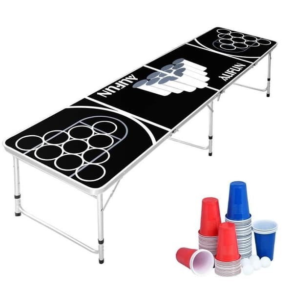 Beer Pong bordsset med 100 koppar (50 röda och 50 blå), 5 bollar, högkvalitativt höjdjusterbart pongbord