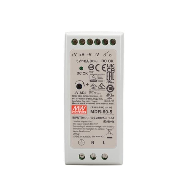 Mean Well MDR-60-5 DIN-skena nätaggregat 5 V/DC 10 A 50 W Antal utgångar:1 x Innehåll 1 st