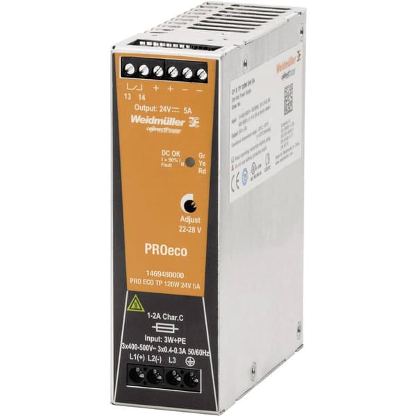 Weidmüller PRO ECO 120W 24V 5A DIN-skena nätaggregat 24 V/DC 5 A 120 W Antal utgångar:1 x Innehåll 1 st
