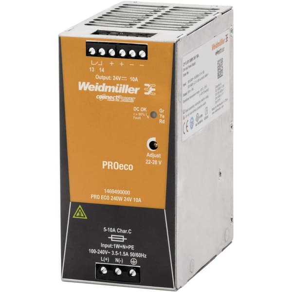 Weidmüller PRO ECO 240W 24V 10A DIN-skena nätaggregat 24 V/DC 10 A 240 W Antal utgångar:1 x Innehåll 1 st