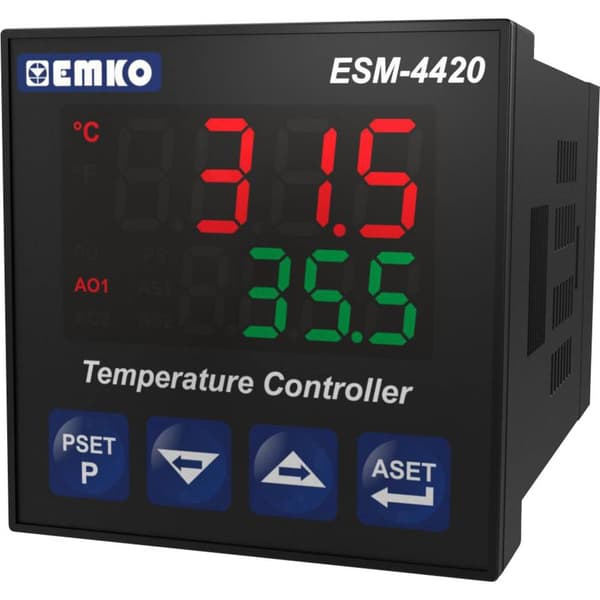 Emko ESM-4420 2-punkts, P, PI, PD, PID Termostat J, K, R, S, T, Pt100 -200 till 1700 °C Relä 5 A, SSR (L x B x H) 95 x