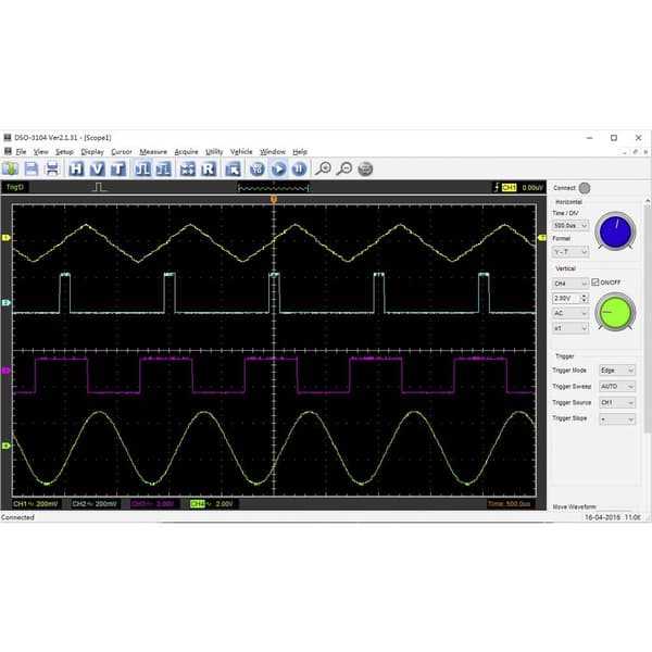 VOLTCRAFT DSO-3104 PC-oscilloskop 100 MHz 4 kanaler 250 MSa/s 16 kpts 8 Bit Digital lagring (DSO), Spectrum analysator