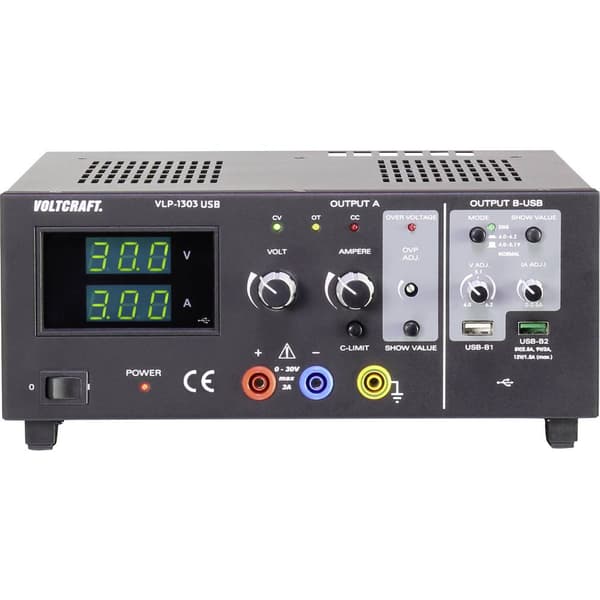 VOLTCRAFT VLP-1303 USB Laboratorieaggregat, justerbar 0 - 30 V 0.01 - 3 A 123 W OVP Antal utgångar 3 x
