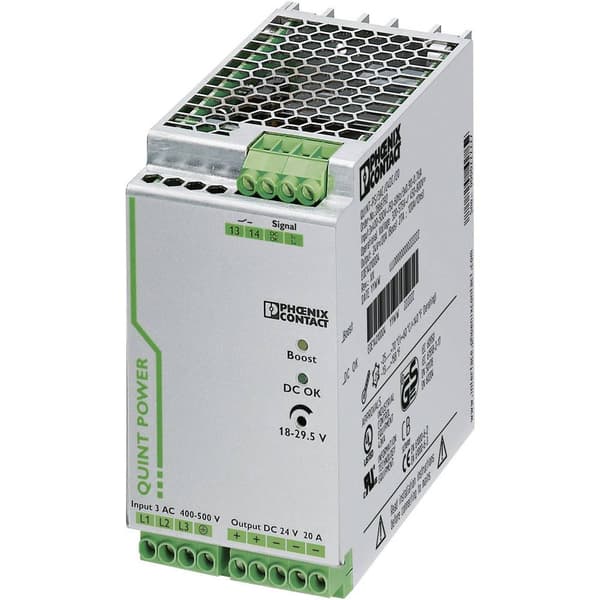 Phoenix Contact QUINT-PS/3AC/24DC/20 DIN-skena nätaggregat 24 V/DC 20 A 480 W Antal utgångar:1 x Innehåll 1 st Grön, Grå