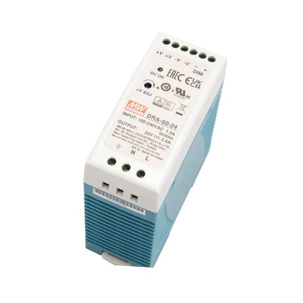 Mean Well DRA-60-24 DIN-skena nätaggregat 24 V/DC 2.5 A 60 W Antal utgångar:1 x Innehåll 1 st