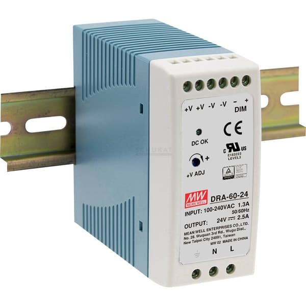Mean Well DRA-60-24 DIN-skena nätaggregat 24 V/DC 2.5 A 60 W Antal utgångar:1 x Innehåll 1 st