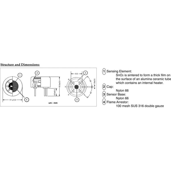 Gassensor typ 822. Figaro TGS 822 (183466) kolmonoxid, ammoniak, svaveldioxid, alkohol, bensin