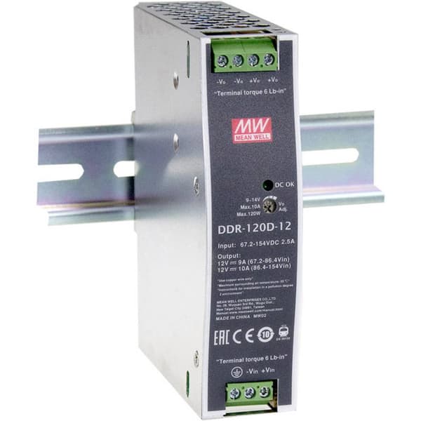 Mean Well DDR-120B-12 DIN-skena DC/DC-omvandlare 12 V/DC 10 A 120 W Antal utgångar:1 x Innehåll 1 st