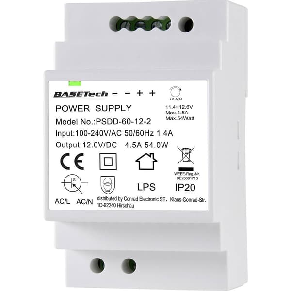 Basetech PSDD-60-12-2 DIN-skena nätaggregat 12 V 4.5 A 54 W Antal utgångar:2 x Innehåll 1 st