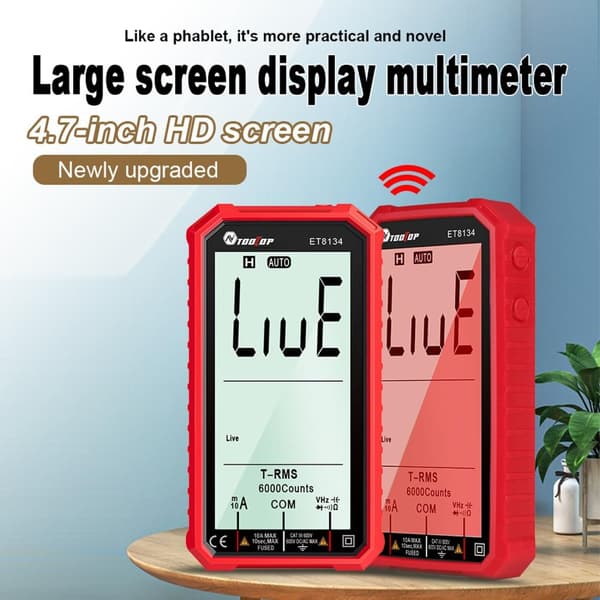 Digitaalinen yleismittari jaetulla 4,7 tuuman LCD-näytöllä. PUNAINEN