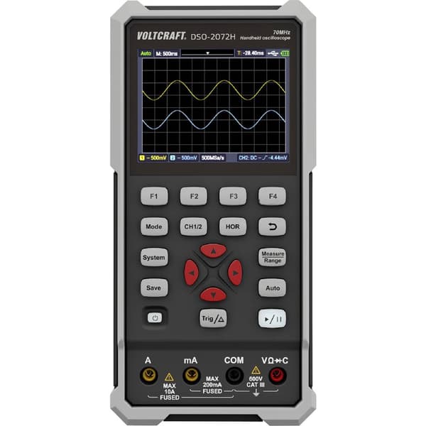 VOLTCRAFT DSO-2072H Handhållet oscilloskop 70 MHz 2 kanaler 250 MSa/s 8 kpts 8 Bit Handenhet, Funktionsgenerator, Multi