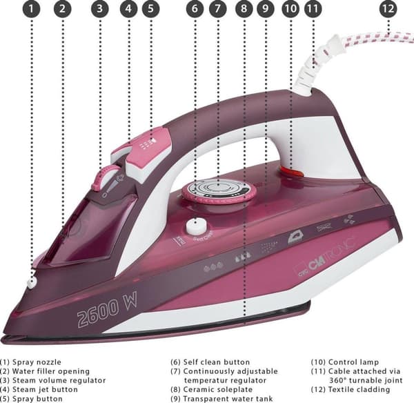 Clatronic DB 3705 Dampstrygejern med 7 funktioner, keramisk sål, trinløs temperaturregulering 2600 watt