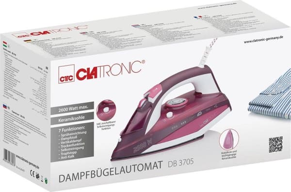Clatronic DB 3705 Dampstrygejern med 7 funktioner, keramisk sål, trinløs temperaturregulering 2600 watt