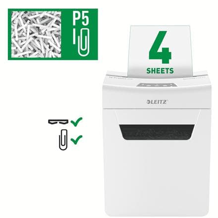 Leitz IQ Protect Premium 4M Ultra Tyst pappersförstörare P-5 Micro för hemmet - Inmatning upp till 4 ark - Vit