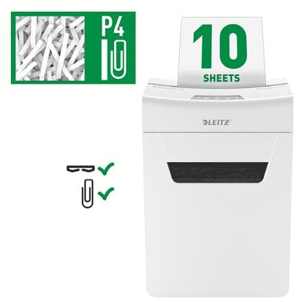 Leitz IQ Premium Protect 10X Ultra Quiet P-4 -silppuri P-4 koti-/kotityöpistesilppurit - syöttää jopa 10 arkkia - 18 litran lokero - valkoinen
