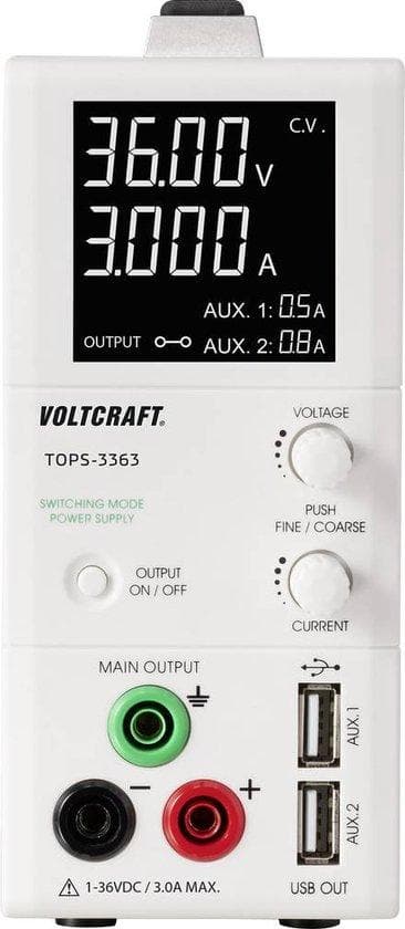 VOLTCRAFT laboratoriestrømforsyning, justerbar TOPS-3363 1 - 36 V/DC 0,25 - 3 A 100 W smalt design Antal udgange 3 x (TOPS-3363)