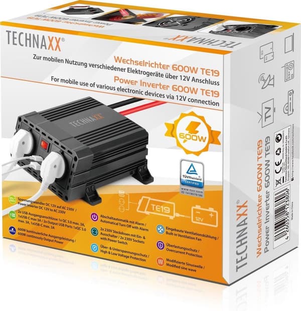 Technaxx TE19 Konverter 12V til 2 x 230V og 2 x USB Power Inverter max 600W