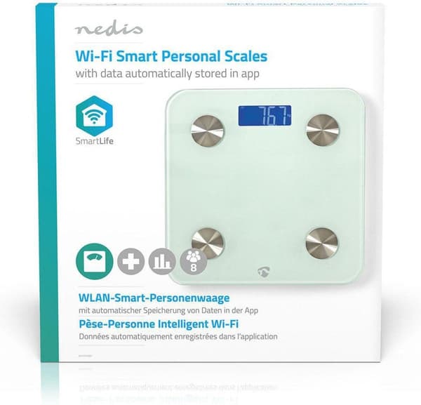 Nedis SmartLife henkilökohtainen vaaka | Wi-Fi | BMR / luut / paino / lihakset / rasva / vesi | 8 muistipaikkaa | Huippukuorma: 180 kg | Android™ / IO