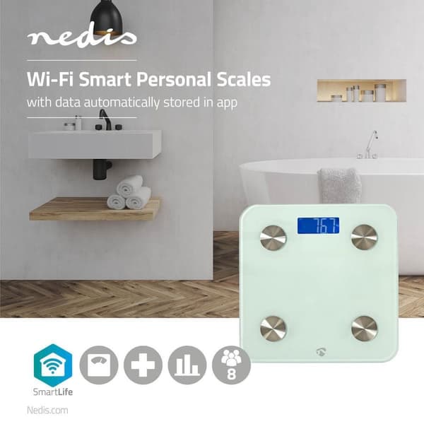 Nedis SmartLife henkilökohtainen vaaka | Wi-Fi | BMR / luut / paino / lihakset / rasva / vesi | 8 muistipaikkaa | Huippukuorma: 180 kg | Android™ / IO