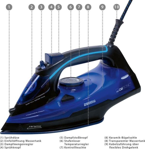 Clatronic DB 3755 - höyrysilitysrauta - 2800 wattia - keraaminen pohja