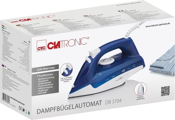 Clatronic DB 3704; höyrysilitysrauta 7 toiminnolla, ruostumattomasta teräksestä valmistettu erikoispohja ja portaaton lämpötilan säätö.