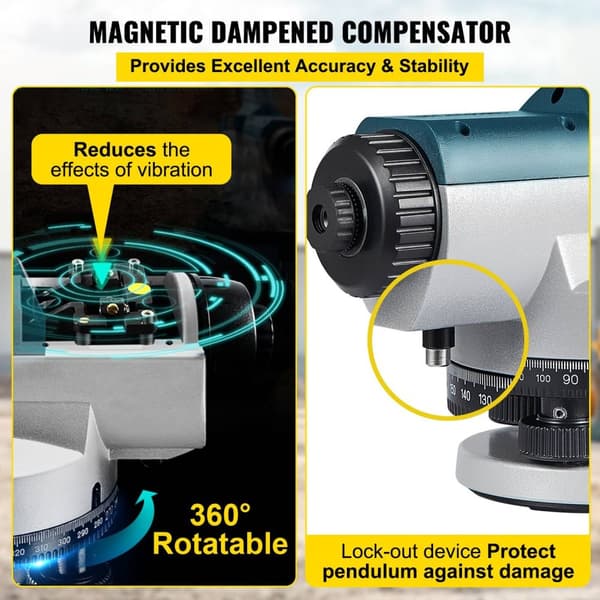 Automatisk Optisk Niveau 24X & 26X - 40mm Blænde, Magnetisk Dæmpet Kompensator, IP54 Vandtæt Beskyttelse