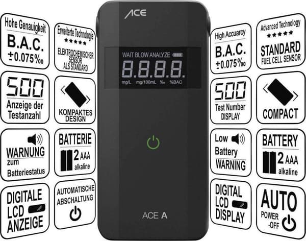 ACE A alkoholtestare svart 4,00 till 0,00 ‰ larm, inkl display, nedräkningsfunktion (107059)