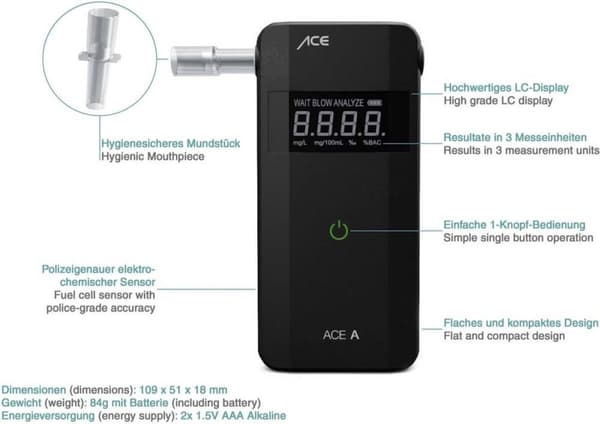 ACE A alkoholtestare svart 4,00 till 0,00 ‰ larm, inkl display, nedräkningsfunktion (107059)