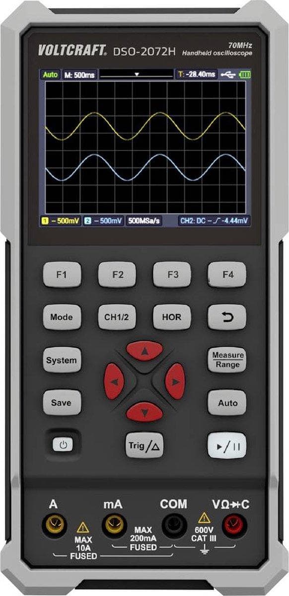VOLTCRAFT DSO-2072H Kädessä pidettävä oskilloskooppi (ScopeMeter) 70 MHz 2-kanavainen 250 MSa/s 8 kpts 8 Bit Handheld 1 kpl
