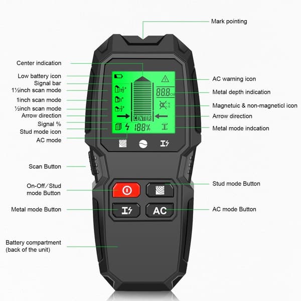 5 i 1 LCD Wall Stud Finder Edge Center Trä ström Metall AC Live Wire Detektor
