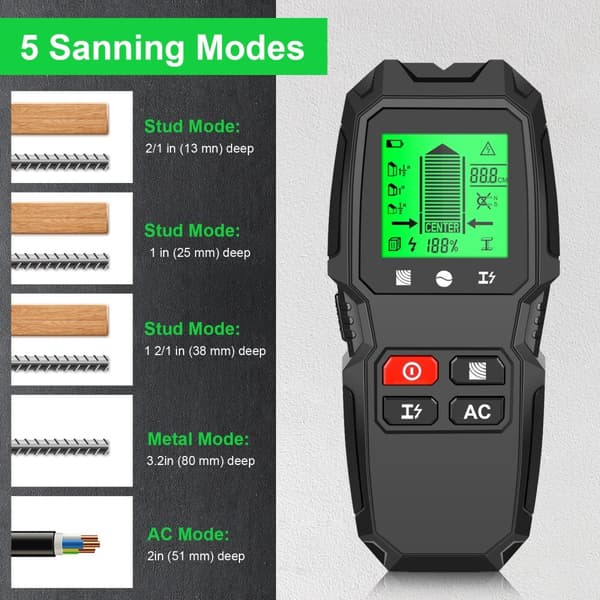 5 i 1 LCD Wall Stud Finder Edge Center Trä ström Metall AC Live Wire Detektor