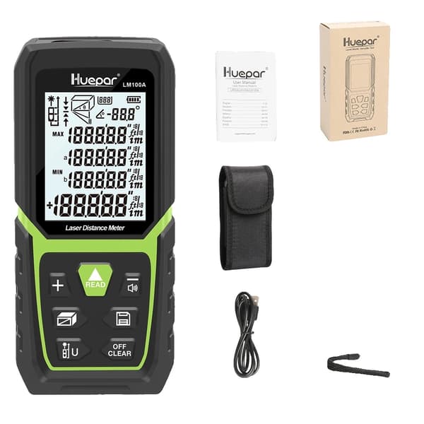 Laseravståndsmätare, Hög noggrannhet ±1/16 tum, Bakgrundsbelyst LCD-display,120 m, Avståndsmätare