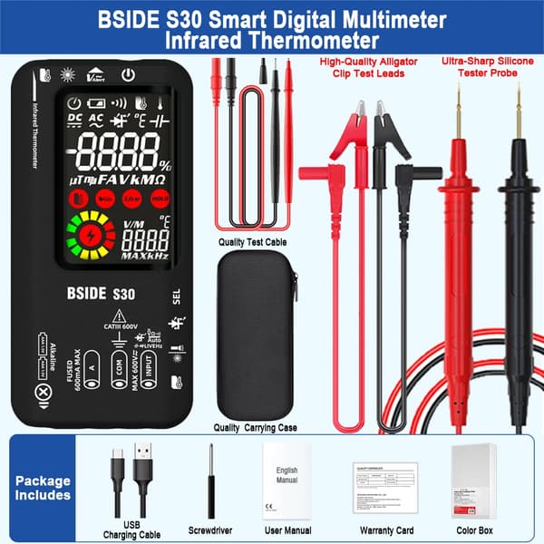 Smart Digital Multimeter, Infrarød Termometer, Dual Strømforsyning,BSIDE S30 sort KIT