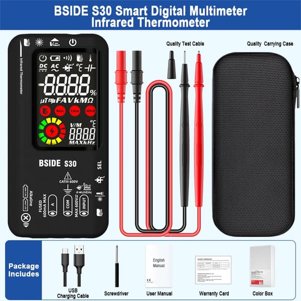 Smart Digital Multimeter, Infrarød Termometer, Dual Strømforsyning,BSIDE S30 sort