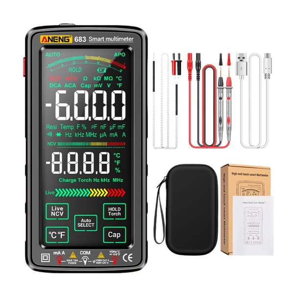 Digitalt multimeter, stor berøringsskærm, smart anti-brændteknologi,sort