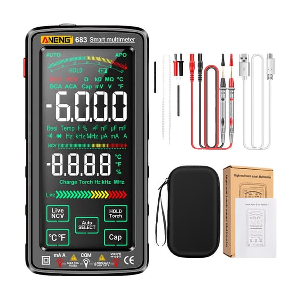 Digitalt multimeter, stor berøringsskærm, smart anti-brændteknologi,sort