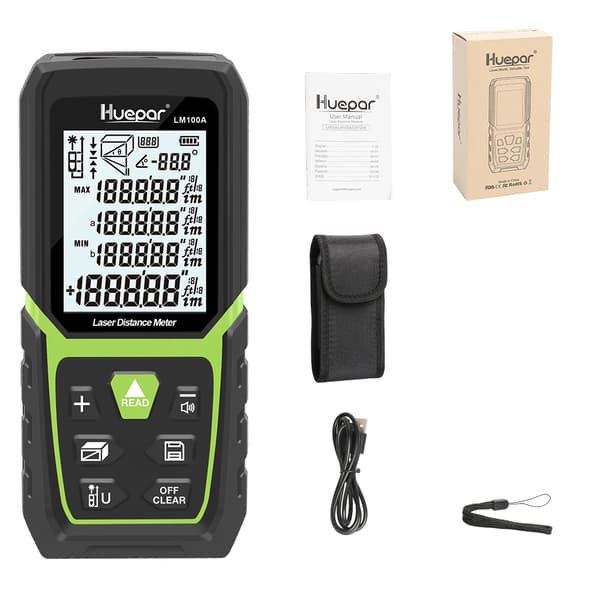Laseravståndsmätare, Hög noggrannhet ±1/16 tum, Bakgrundsbelyst LCD-display,Avståndsmätare, 100 m