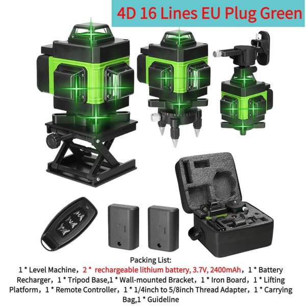 16 Viivan Laseritaso, EU-pistoke, Vesitiivis, Ladattava Akka,Vihreä EU -pistoke
