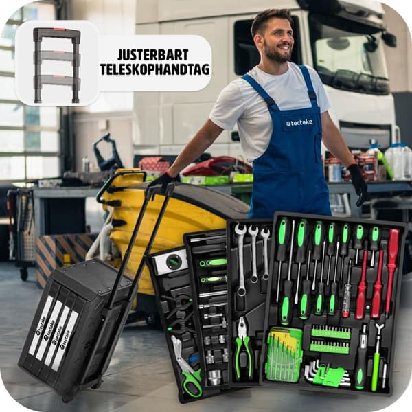 Verktygslåda på hjul, med 4 lådor och 899 delar - svart