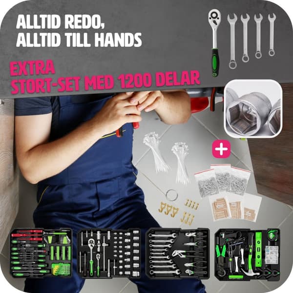Verktygslåda på hjul, 1200 delar - svart