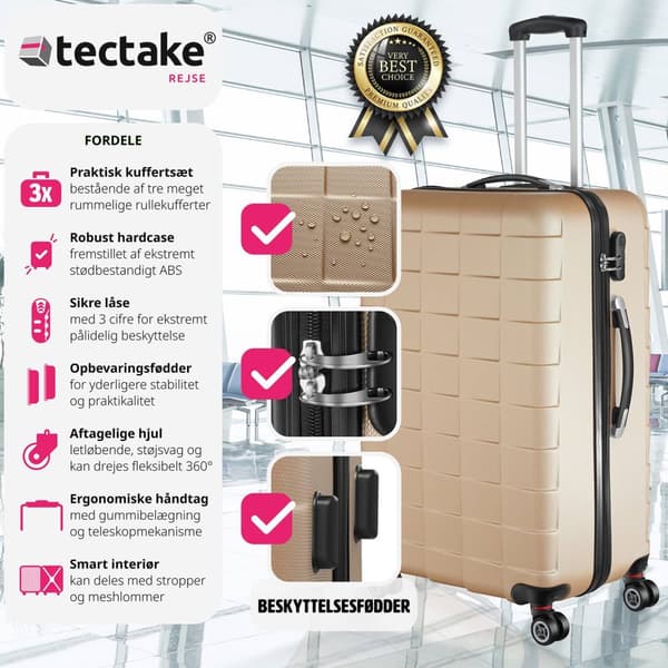 Kuffertsæt 3-dele hardcase - champagnefarvet