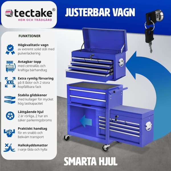 Verktygsvagn med överskåp 10 lådor - blå