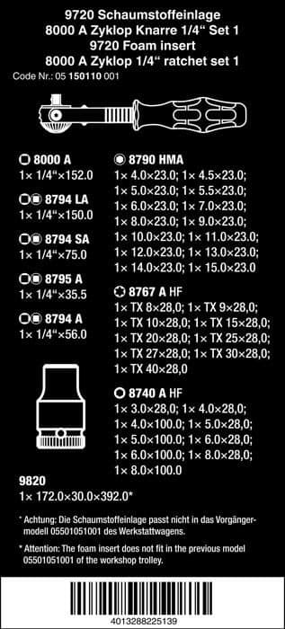Wera multiverktyg - 05150110001 - 9720 skuminsats, 8000 A Zyklop spärrsats 1/4" 1, 37 delar Svartgrön